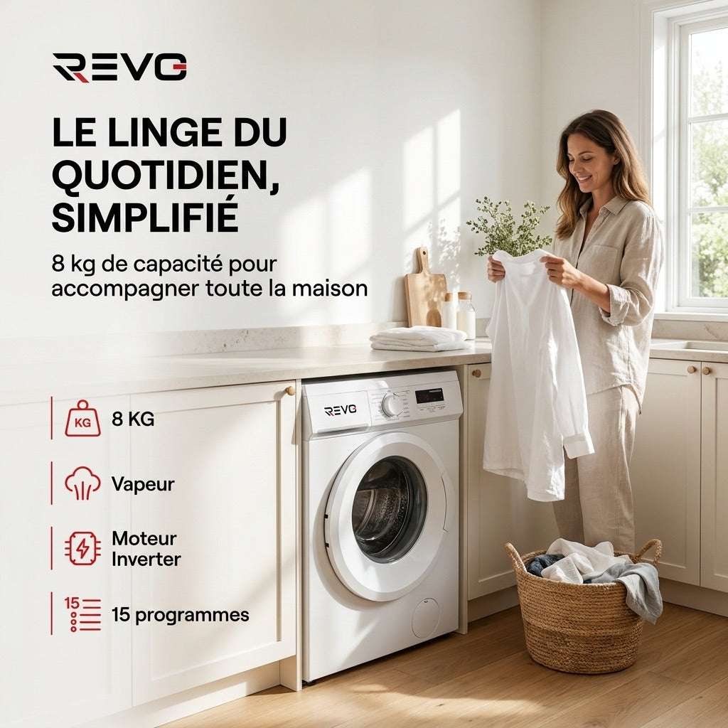 Lave-linge frontal REVO Élégance 8 – Machine à laver 8 kg – Classe A – 1400 tr/min – 15 programmes, vapeur et format slim