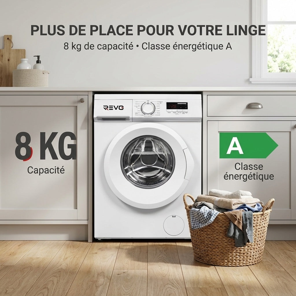 Lave-linge frontal REVO Élégance 8 – Machine à laver 8 kg – Classe A – 1400 tr/min – 15 programmes, vapeur et format slim