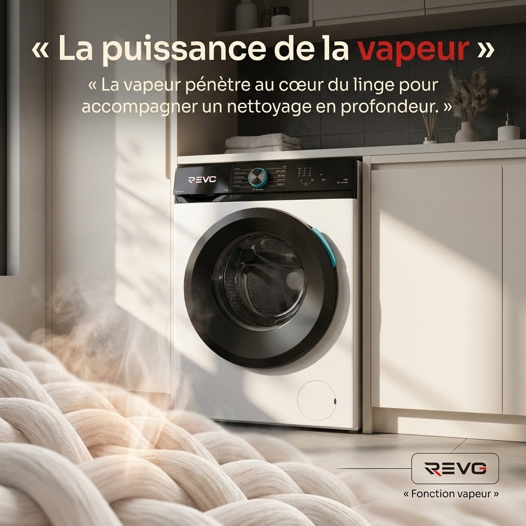 Lave-linge frontal REVO Pureva 8 – Machine à laver 8 kg – Classe A – 1200 tr/min – 11 programmes – Vapeur et moteur Inverter
