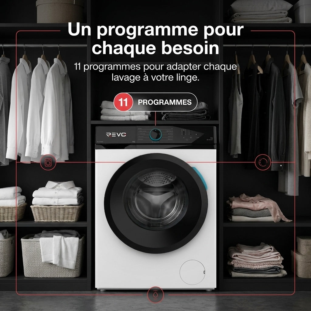 Lave-linge frontal REVO Pureva 8 – Machine à laver 8 kg – Classe A – 1200 tr/min – 11 programmes – Vapeur et moteur Inverter