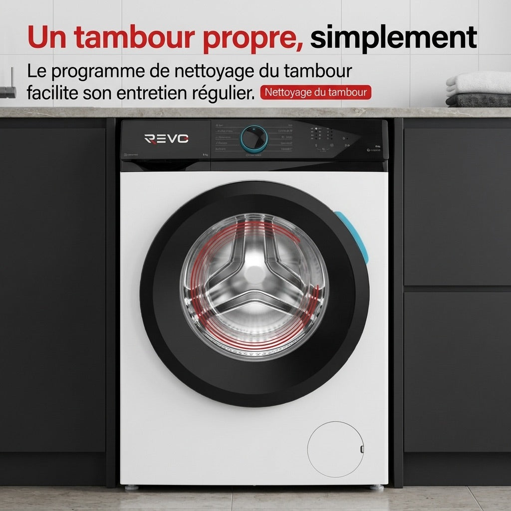 Lave-linge frontal REVO Pureva 8 – Machine à laver 8 kg – Classe A – 1200 tr/min – 11 programmes – Vapeur et moteur Inverter