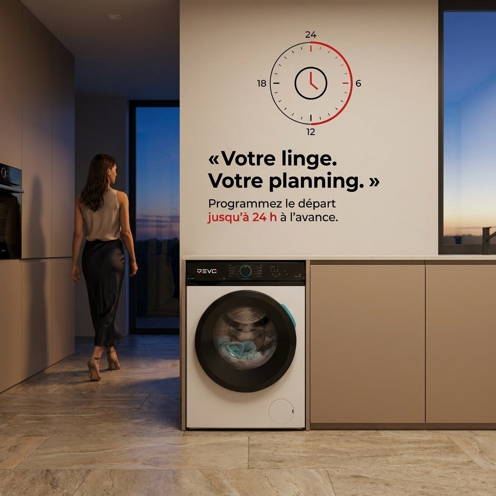 Lave-linge frontal REVO Pureva 8 – Machine à laver 8 kg – Classe A – 1200 tr/min – 11 programmes – Vapeur et moteur Inverter