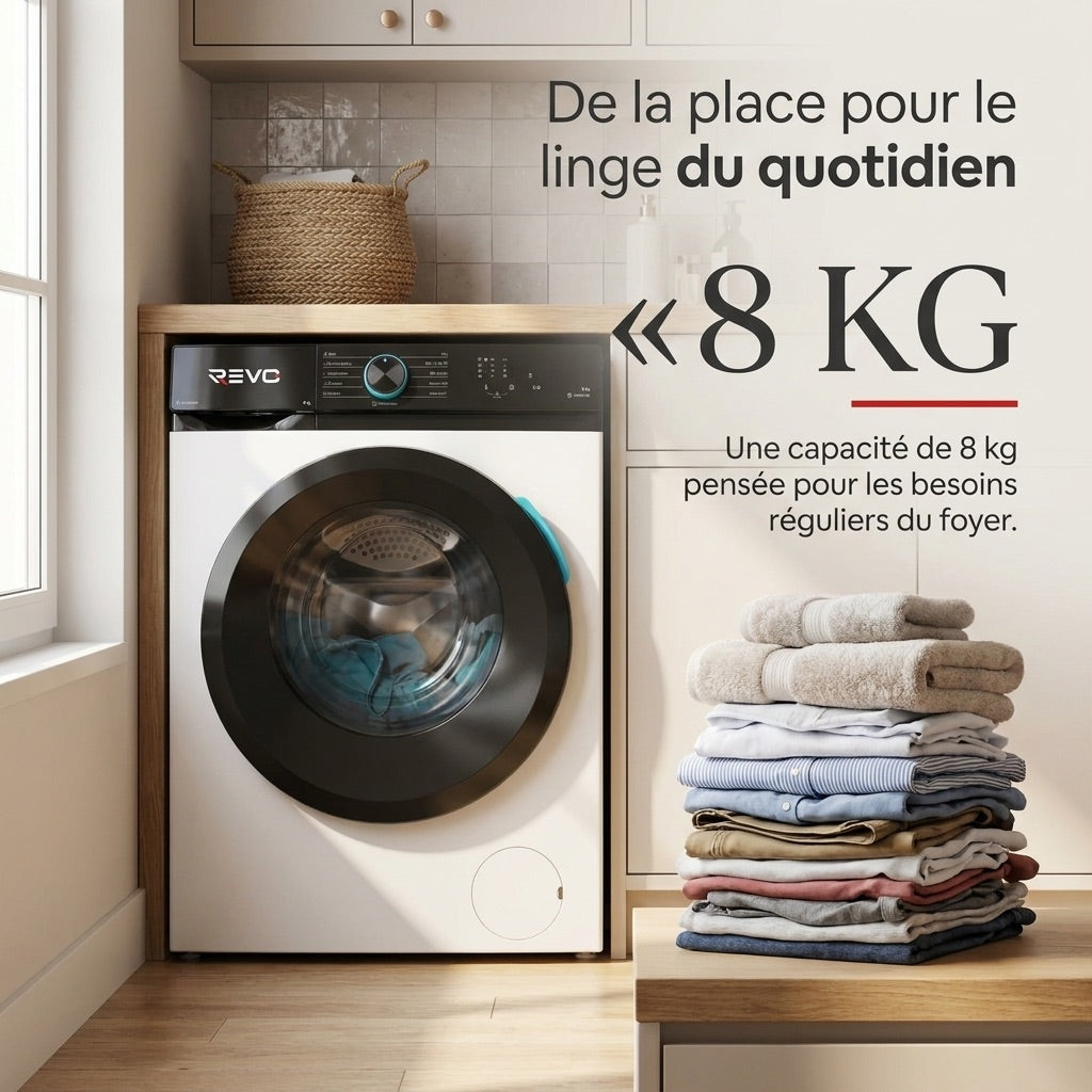 Lave-linge frontal REVO Pureva 8 – Machine à laver 8 kg – Classe A – 1200 tr/min – 11 programmes – Vapeur et moteur Inverter