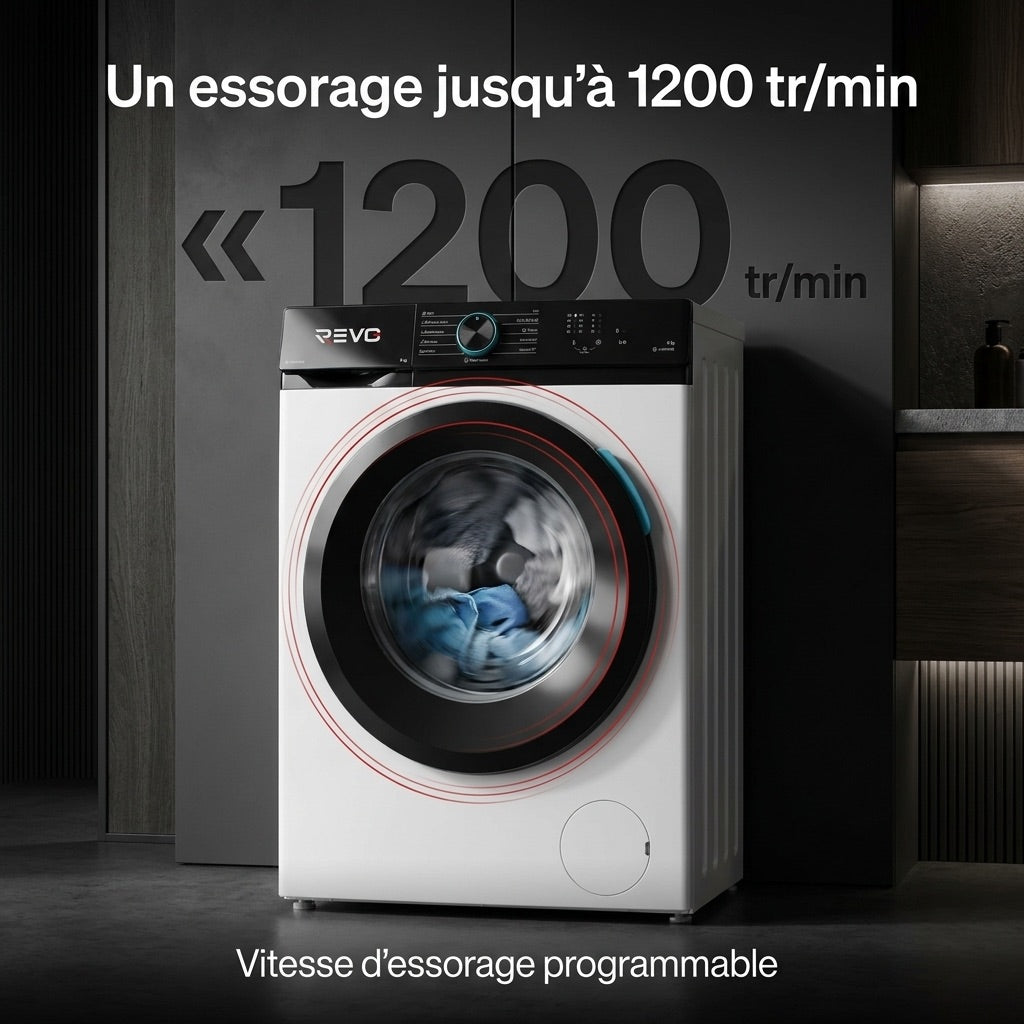 Lave-linge frontal REVO Pureva 8 – Machine à laver 8 kg – Classe A – 1200 tr/min – 11 programmes – Vapeur et moteur Inverter