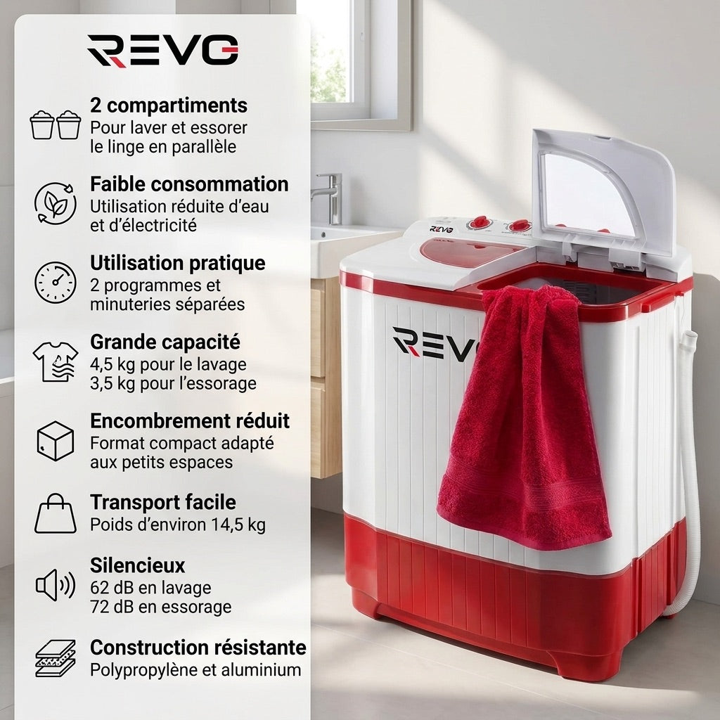 Mini Washing Machine REVO Nomad 4.5 – Portable Washing Machine 4.5 kg – Spin Dryer 3.5 kg – 2 Compartments – 1320 rpm