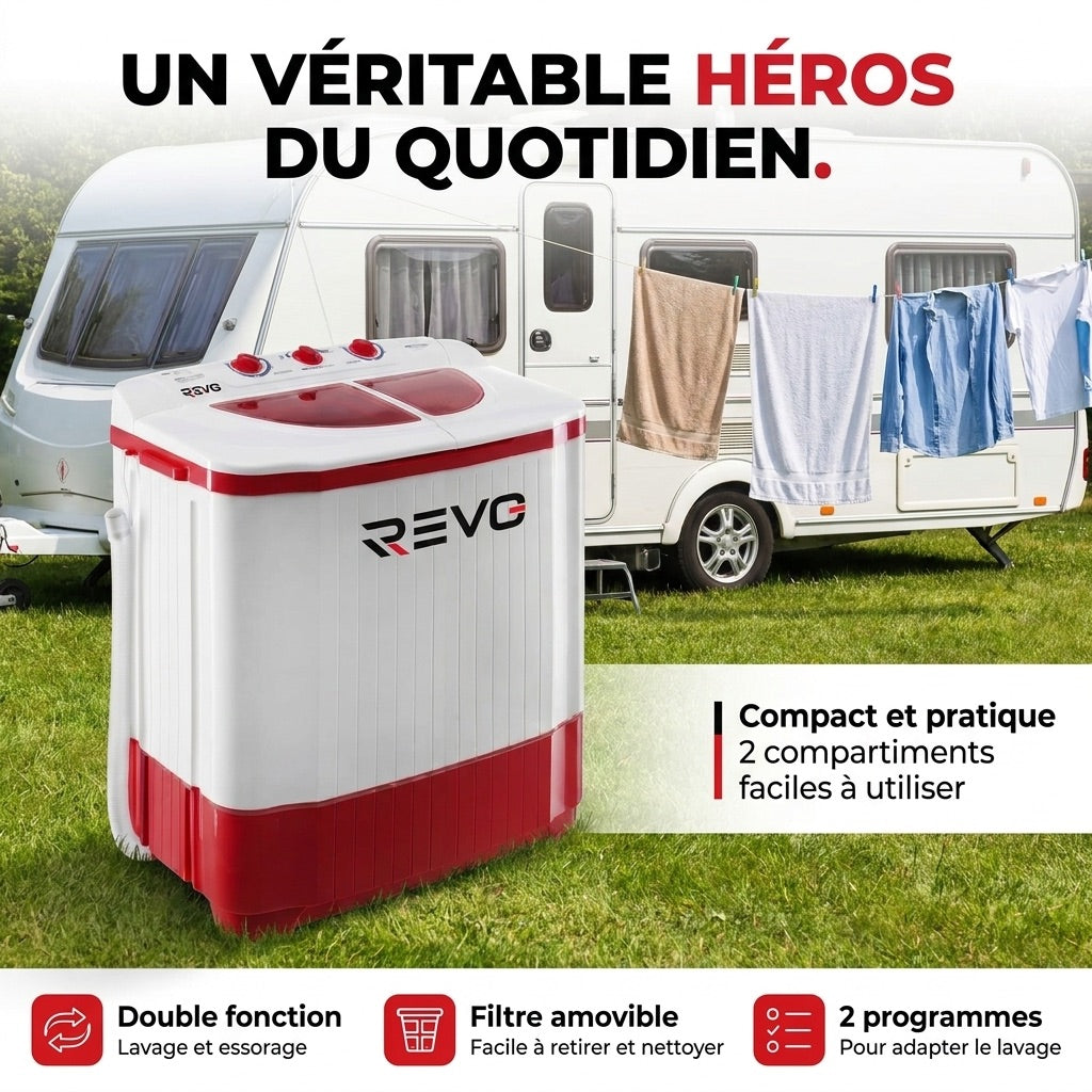 Mini Washing Machine REVO Nomad 4.5 – Portable Washing Machine 4.5 kg – Spin Dryer 3.5 kg – 2 Compartments – 1320 rpm