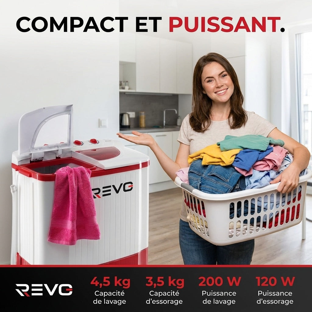 Mini Washing Machine REVO Nomad 4.5 – Portable Washing Machine 4.5 kg – Spin Dryer 3.5 kg – 2 Compartments – 1320 rpm