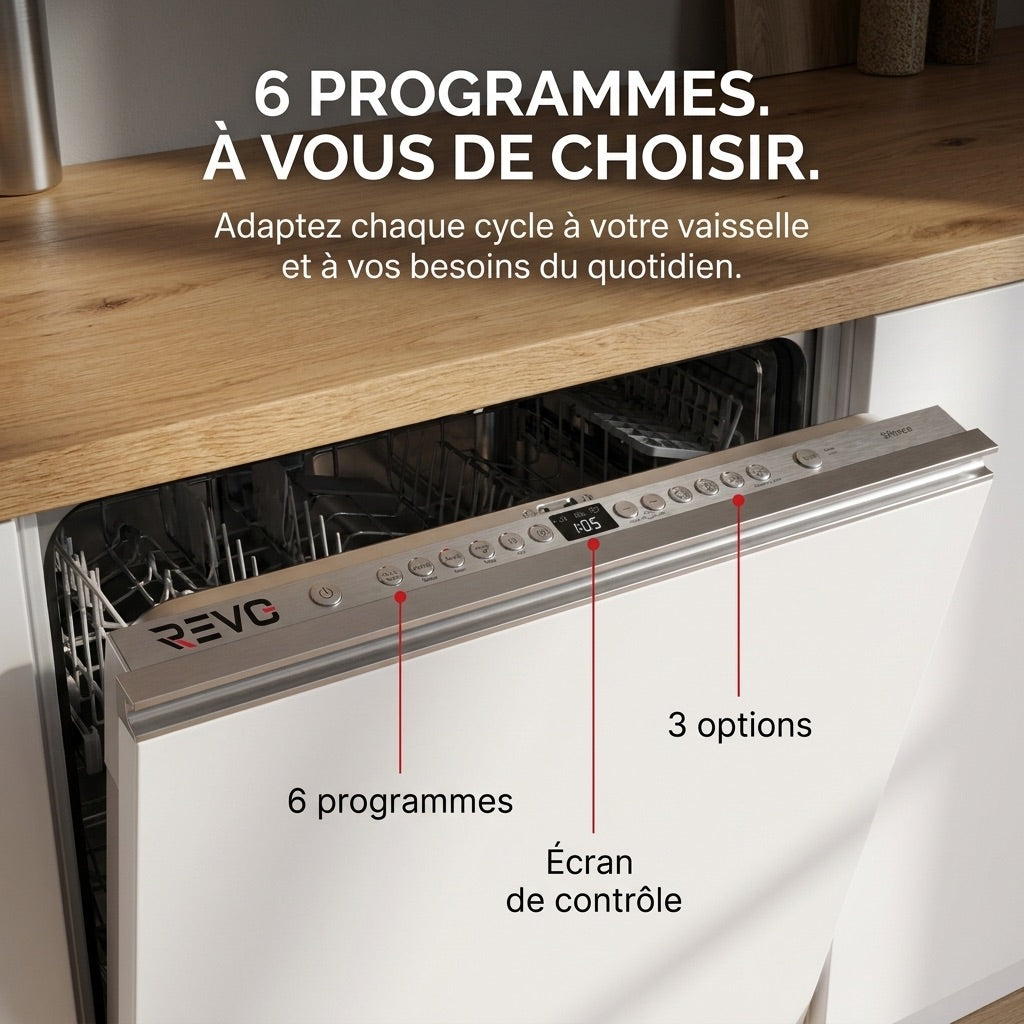 Fully Integrated REVO Integra 60 Dishwasher – 60 cm – 6 Programs – 3 Options – 48 dB – 3-Height Adjustable Basket