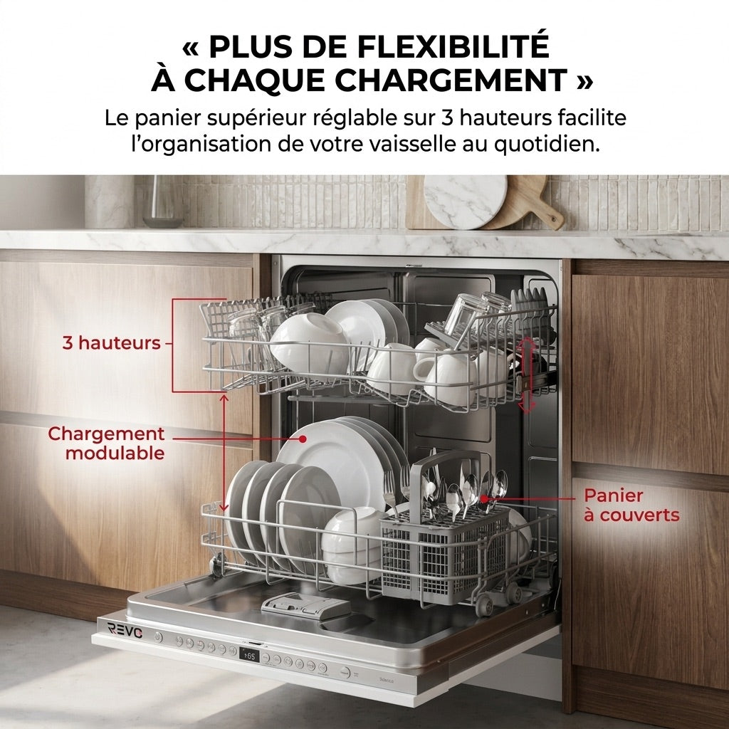Fully Integrated REVO Integra 60 Dishwasher – 60 cm – 6 Programs – 3 Options – 48 dB – 3-Height Adjustable Basket