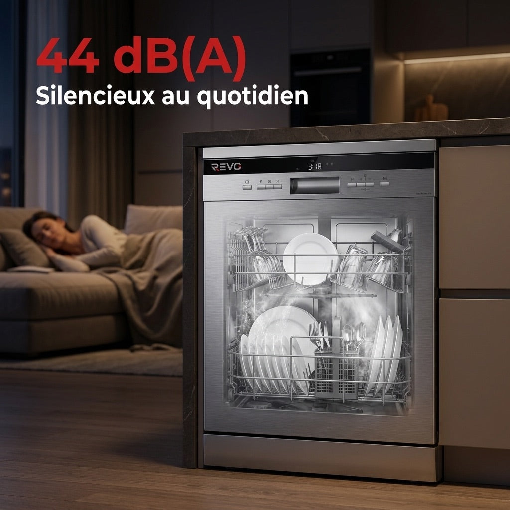 Lave-Vaisselle Pose Libre REVO Altis 14 – 14 Couverts – 44 dB – 8 Programmes – Ouverture Automatique – Inox