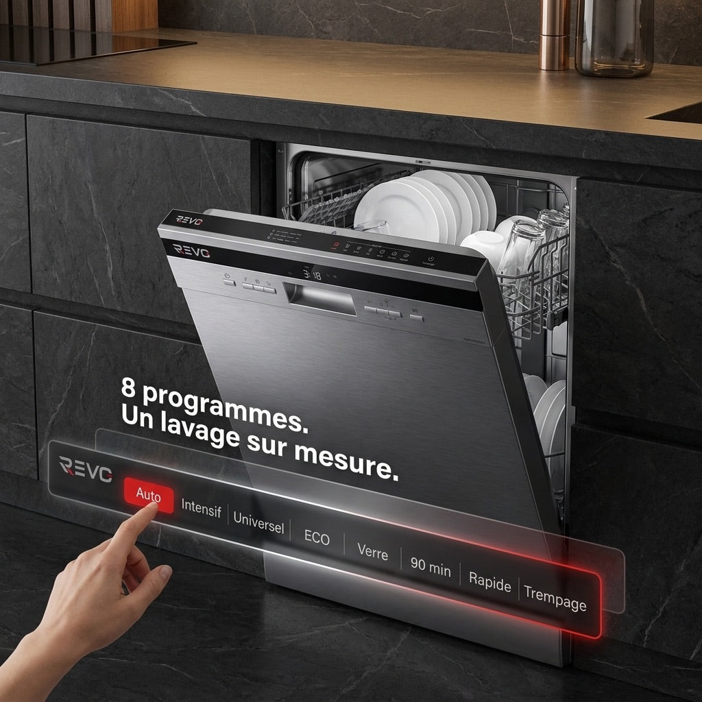 Lave-Vaisselle Pose Libre REVO Altis 14 – 14 Couverts – 44 dB – 8 Programmes – Ouverture Automatique – Inox
