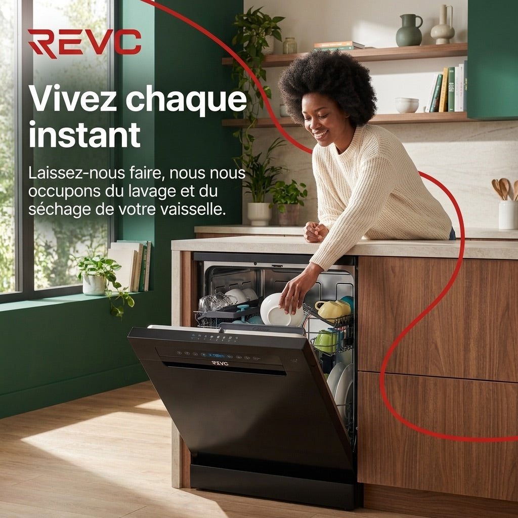 Lave-Vaisselle Pose Libre REVO Novera 15 – 15 Couverts – Classe C – 46 dB – 8 Programmes – Ouverture Automatique – Connecté – Noir