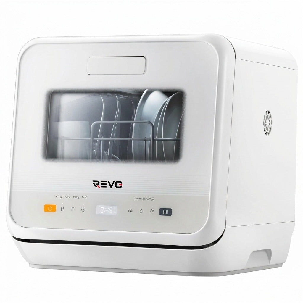 Mini lave-vaisselle REVO Vapora 5 – Réservoir 5 L – 6 programmes – Vapeur 98 °C – Stockage ventilé 72 h – Blanc