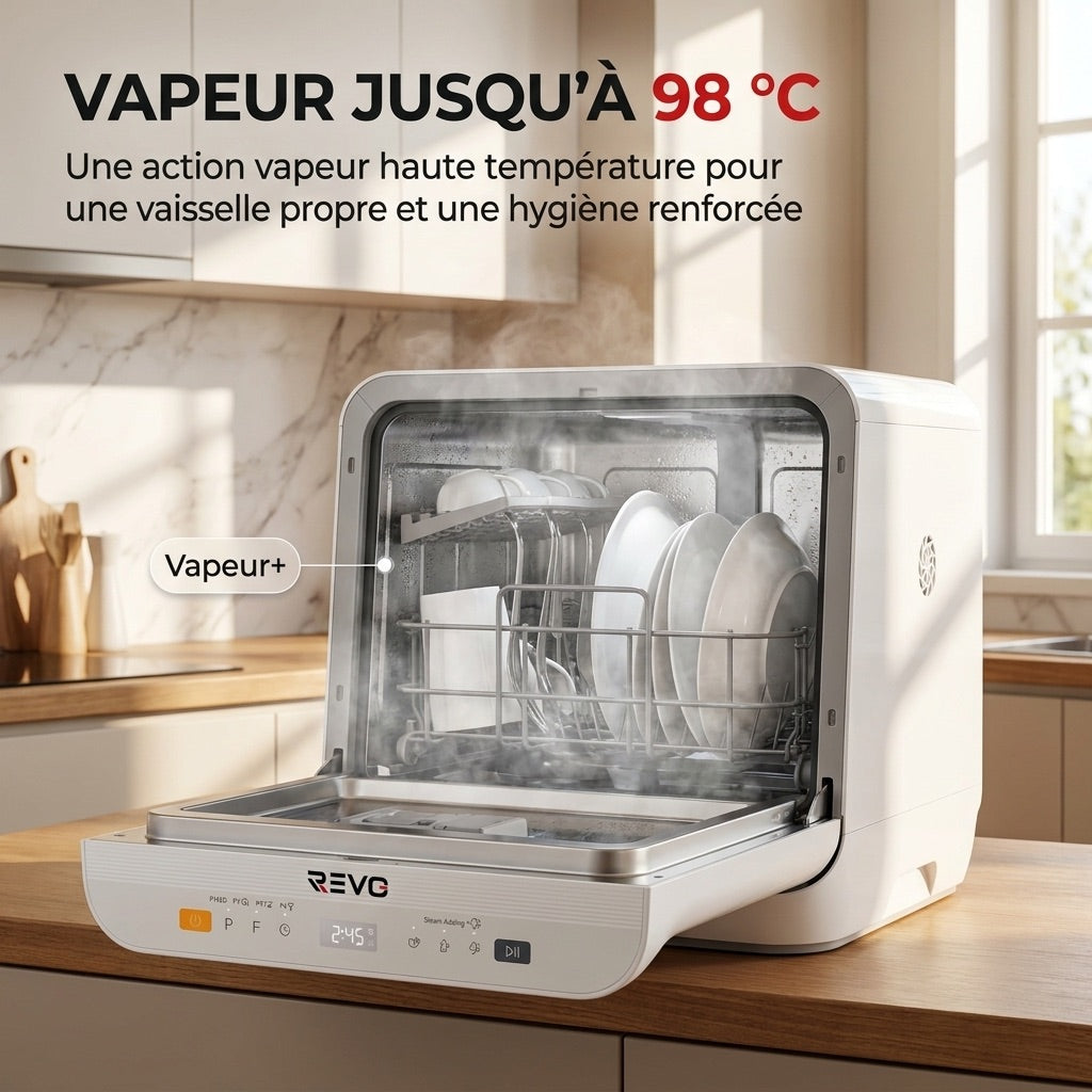 Mini lave-vaisselle REVO Vapora 5 – Réservoir 5 L – 6 programmes – Vapeur 98 °C – Stockage ventilé 72 h – Blanc