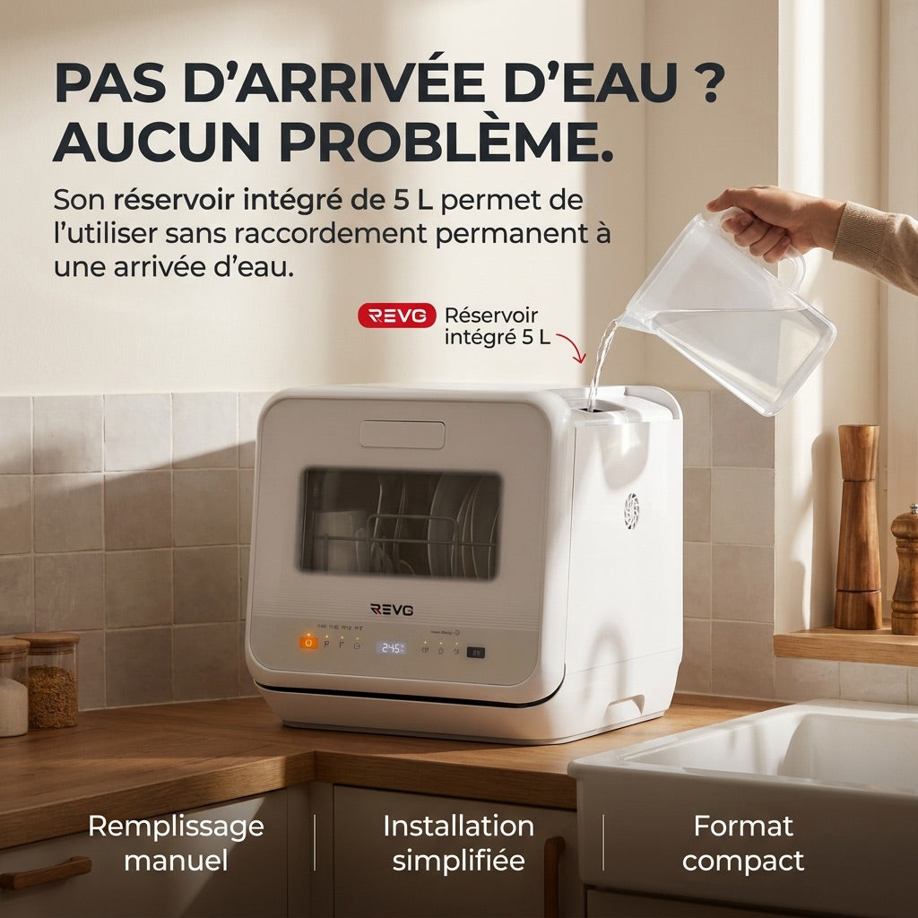 Mini lave-vaisselle REVO Vapora 5 – Réservoir 5 L – 6 programmes – Vapeur 98 °C – Stockage ventilé 72 h – Blanc