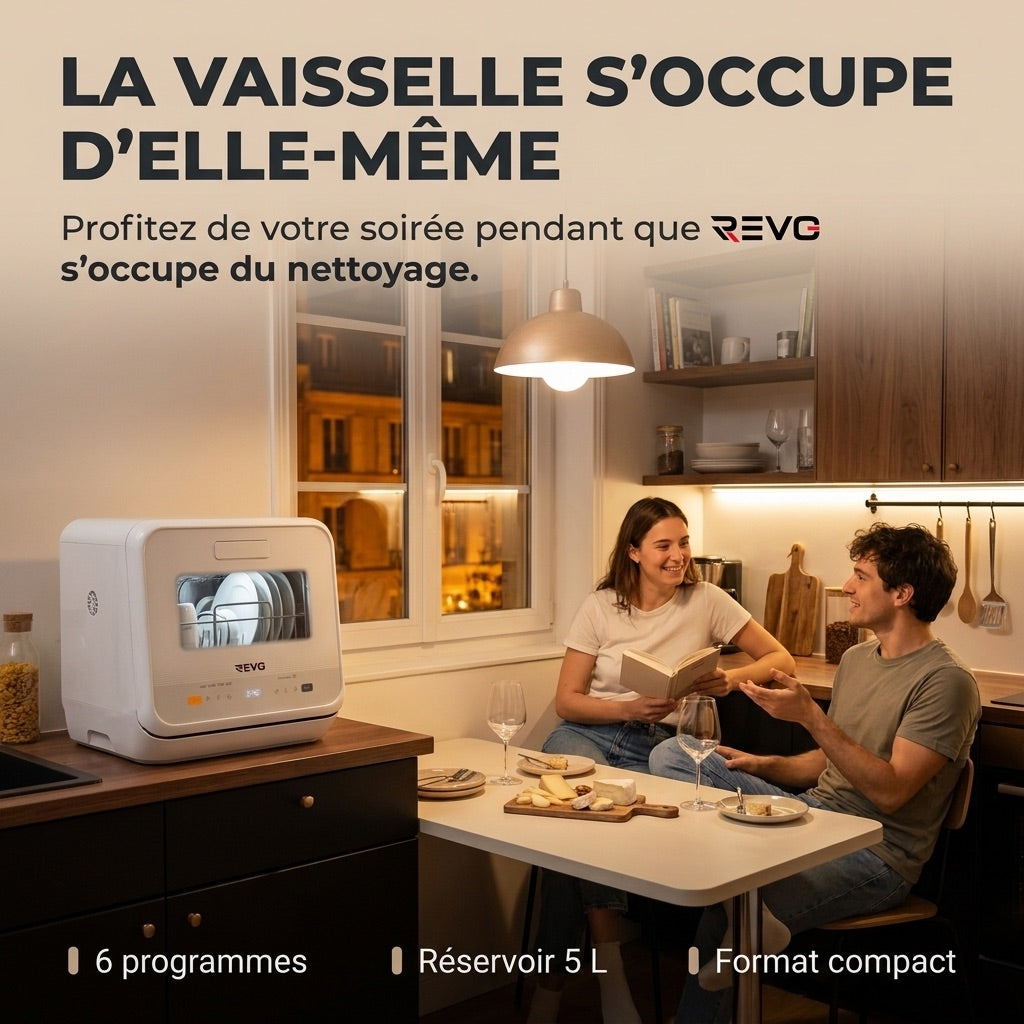 Mini lave-vaisselle REVO Vapora 5 – Réservoir 5 L – 6 programmes – Vapeur 98 °C – Stockage ventilé 72 h – Blanc