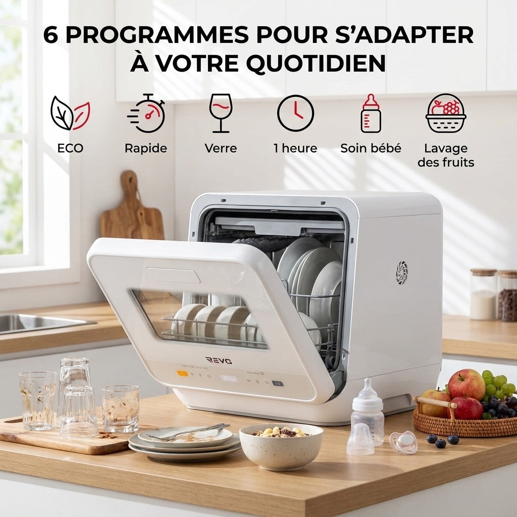 Mini lave-vaisselle REVO Vapora 5 – Réservoir 5 L – 6 programmes – Vapeur 98 °C – Stockage ventilé 72 h – Blanc