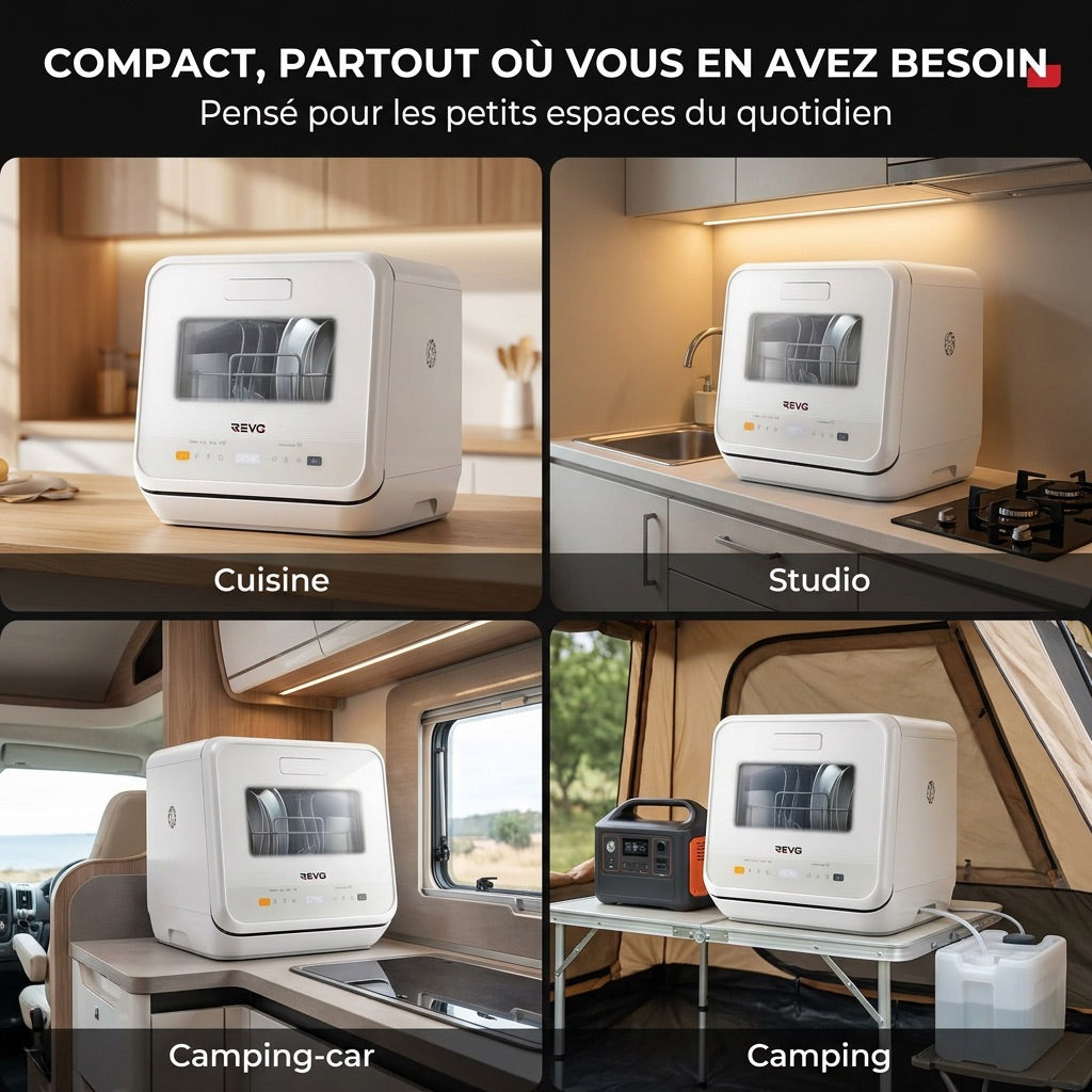 Mini lave-vaisselle REVO Vapora 5 – Réservoir 5 L – 6 programmes – Vapeur 98 °C – Stockage ventilé 72 h – Blanc