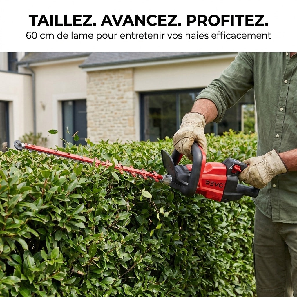 REVO Stratos 60 – Taille-haie sans fil – 18 V – Lame 60 cm – Moteur sans balais – 4 400 cps/min – Espacement 35 mm