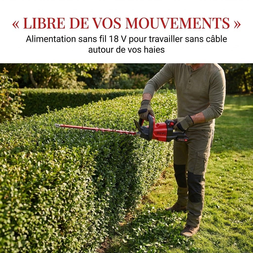 REVO Stratos 60 – Taille-haie sans fil – 18 V – Lame 60 cm – Moteur sans balais – 4 400 cps/min – Espacement 35 mm