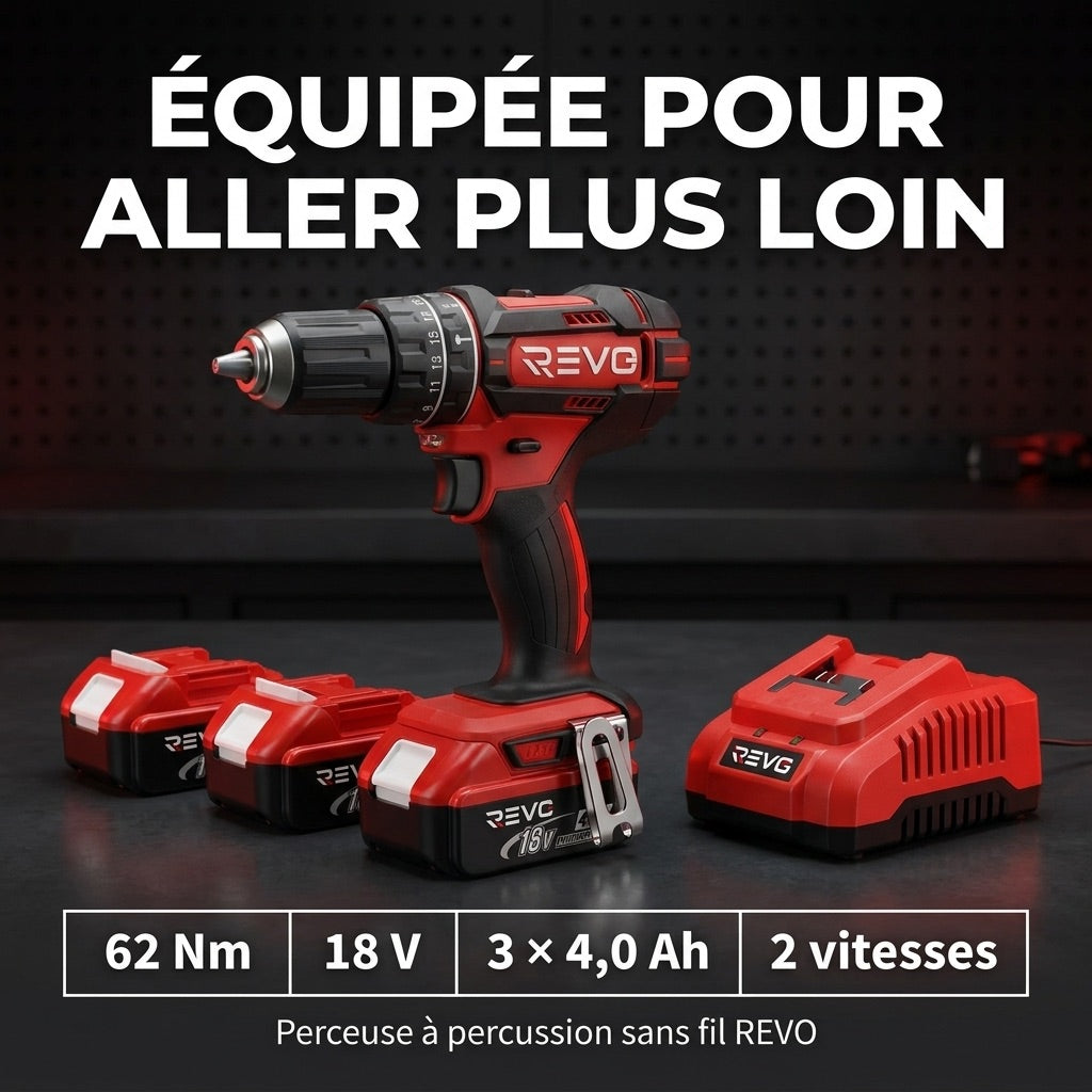 REVO Torq 62 Cordless Hammer Drill – 18V – 62Nm – 3 x 4.0Ah Batteries – 2 Speed