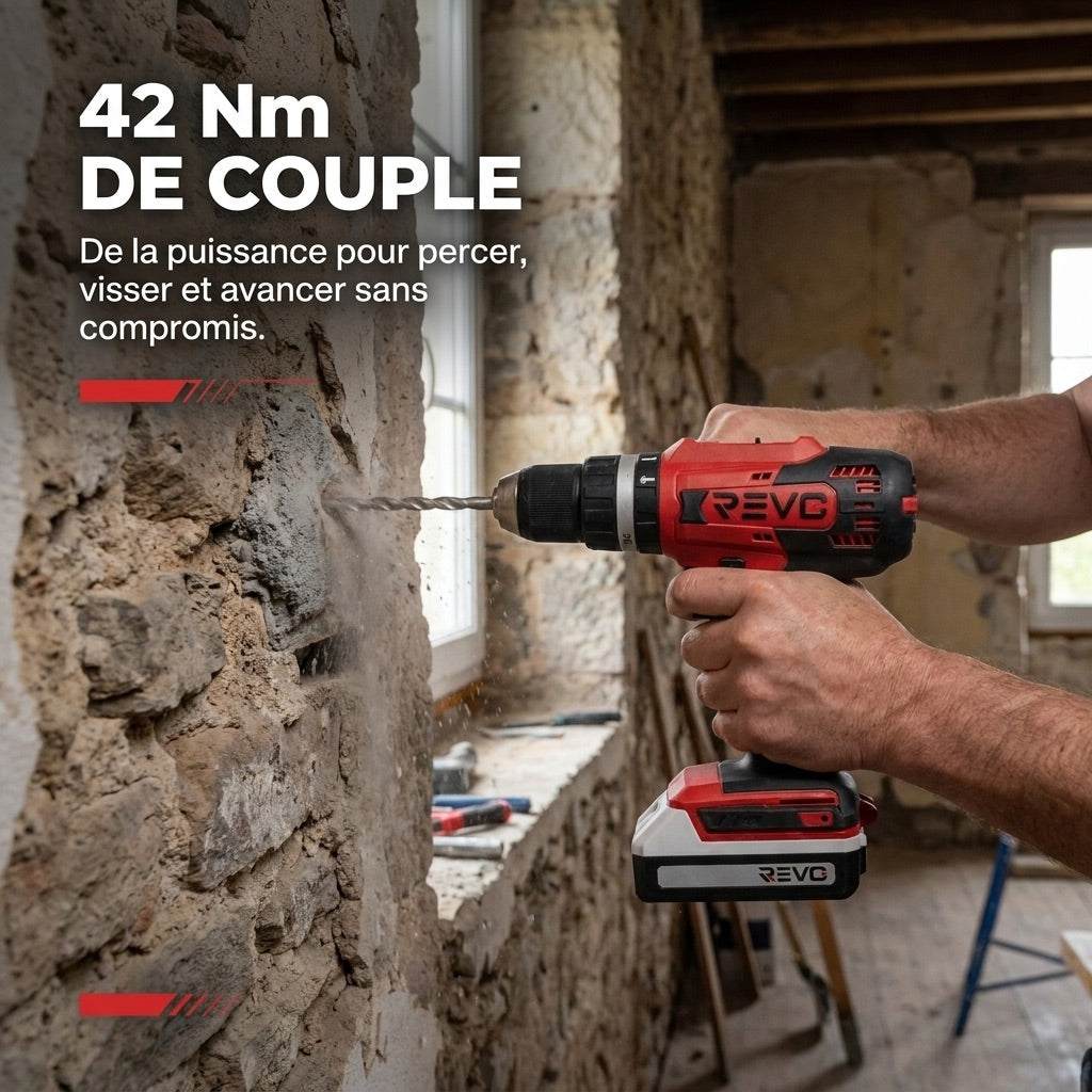Perceuse-visseuse à percussion sans fil REVO Forge 42 – 18 V – 42 Nm – 2 batteries 2 Ah – 74 accessoires – mandrin 13 mm