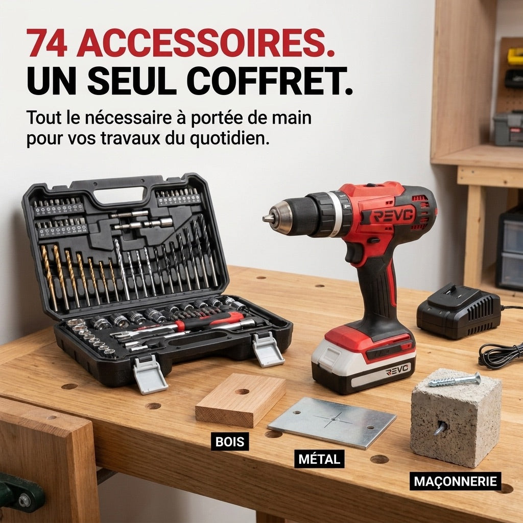 Perceuse-visseuse à percussion sans fil REVO Forge 42 – 18 V – 42 Nm – 2 batteries 2 Ah – 74 accessoires – mandrin 13 mm