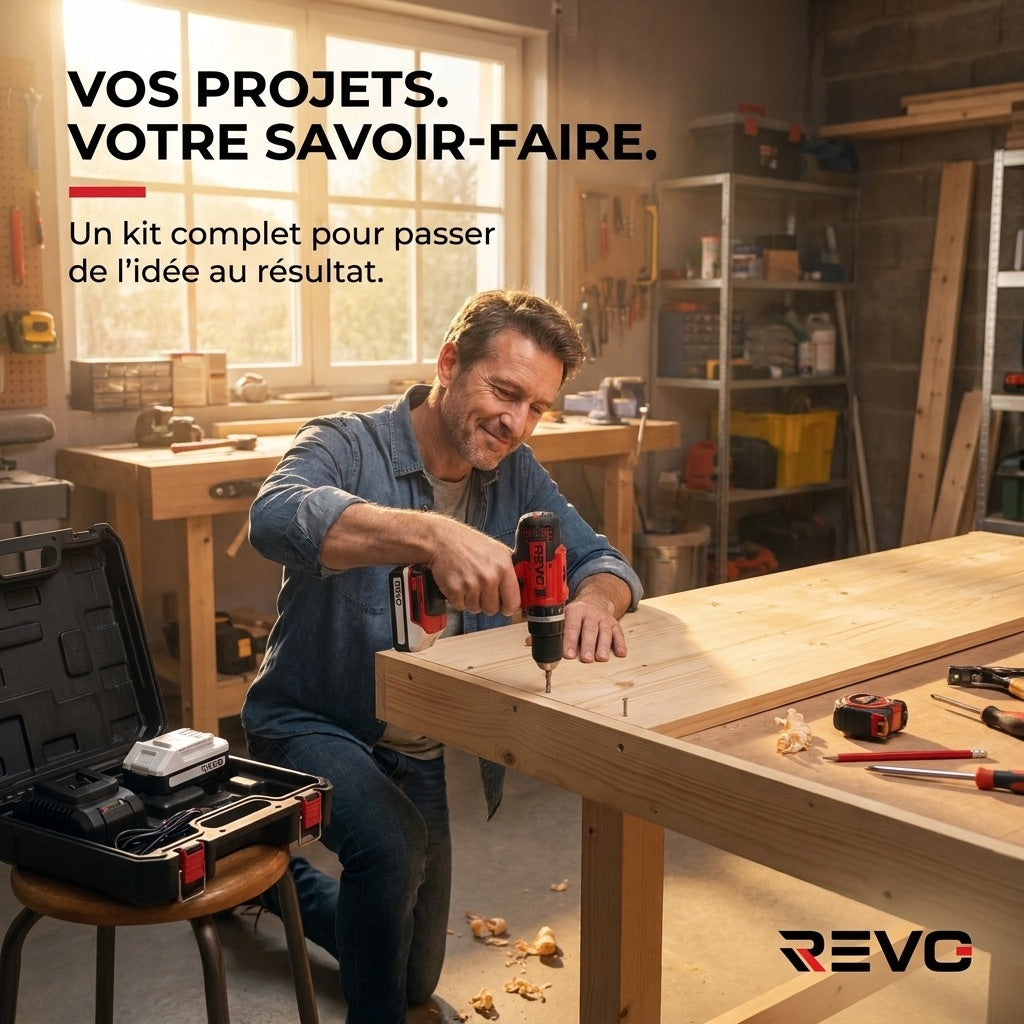 Perceuse-visseuse à percussion sans fil REVO Forge 42 – 18 V – 42 Nm – 2 batteries 2 Ah – 74 accessoires – mandrin 13 mm
