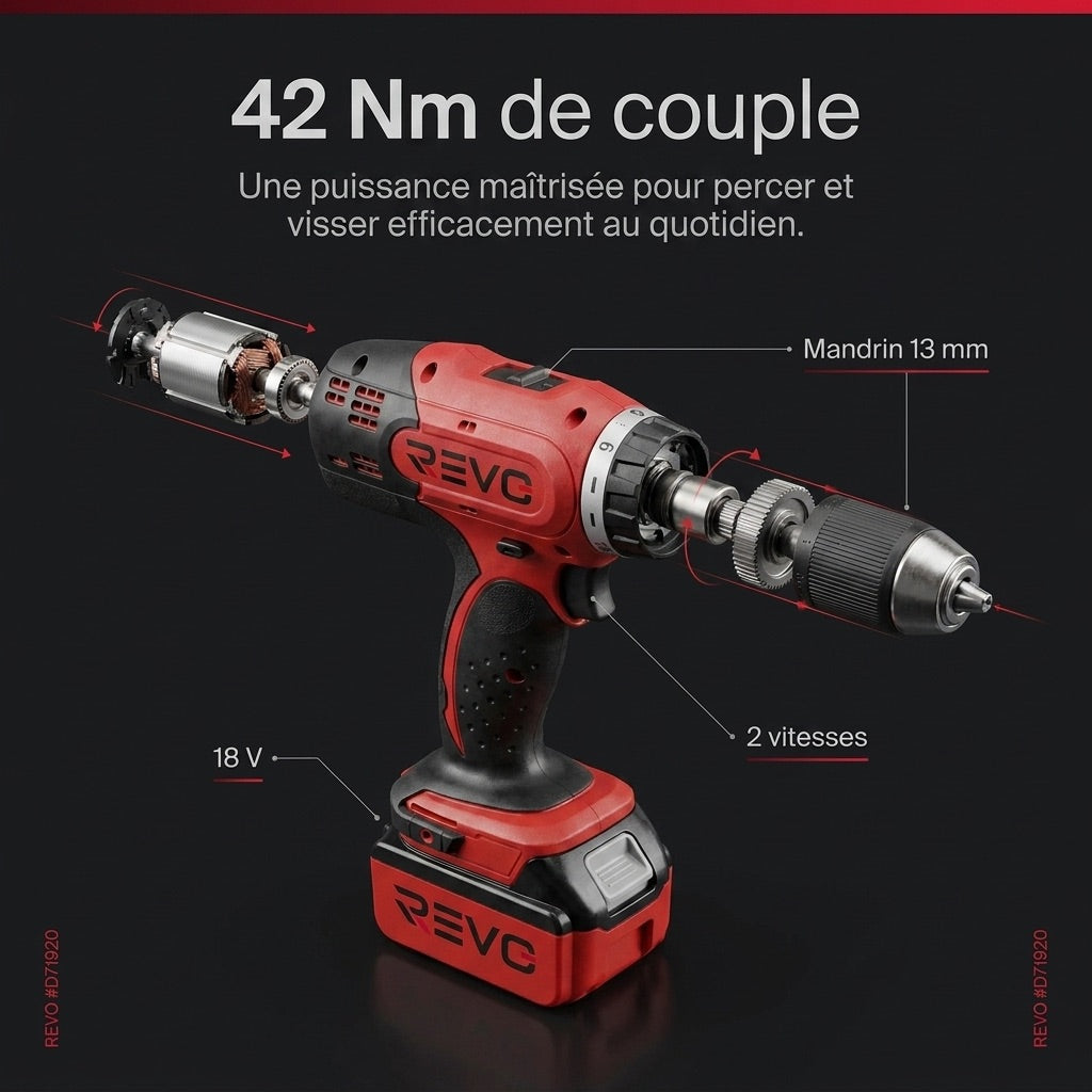 Cordless Drill/Driver REVO Voltis 42 – 18V – 42Nm – 2 x 3Ah Batteries – 2 Speeds – 13mm Chuck – Case Included