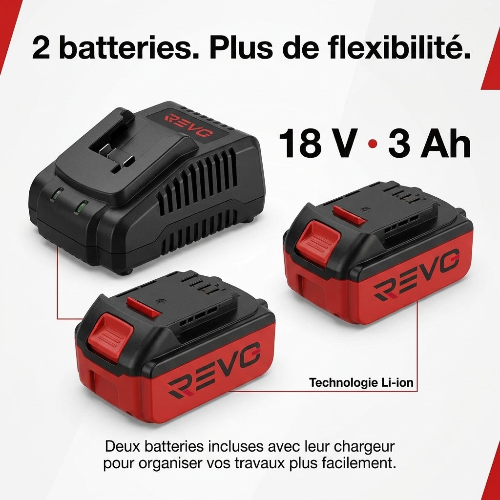 Cordless Drill/Driver REVO Voltis 42 – 18V – 42Nm – 2 x 3Ah Batteries – 2 Speeds – 13mm Chuck – Case Included
