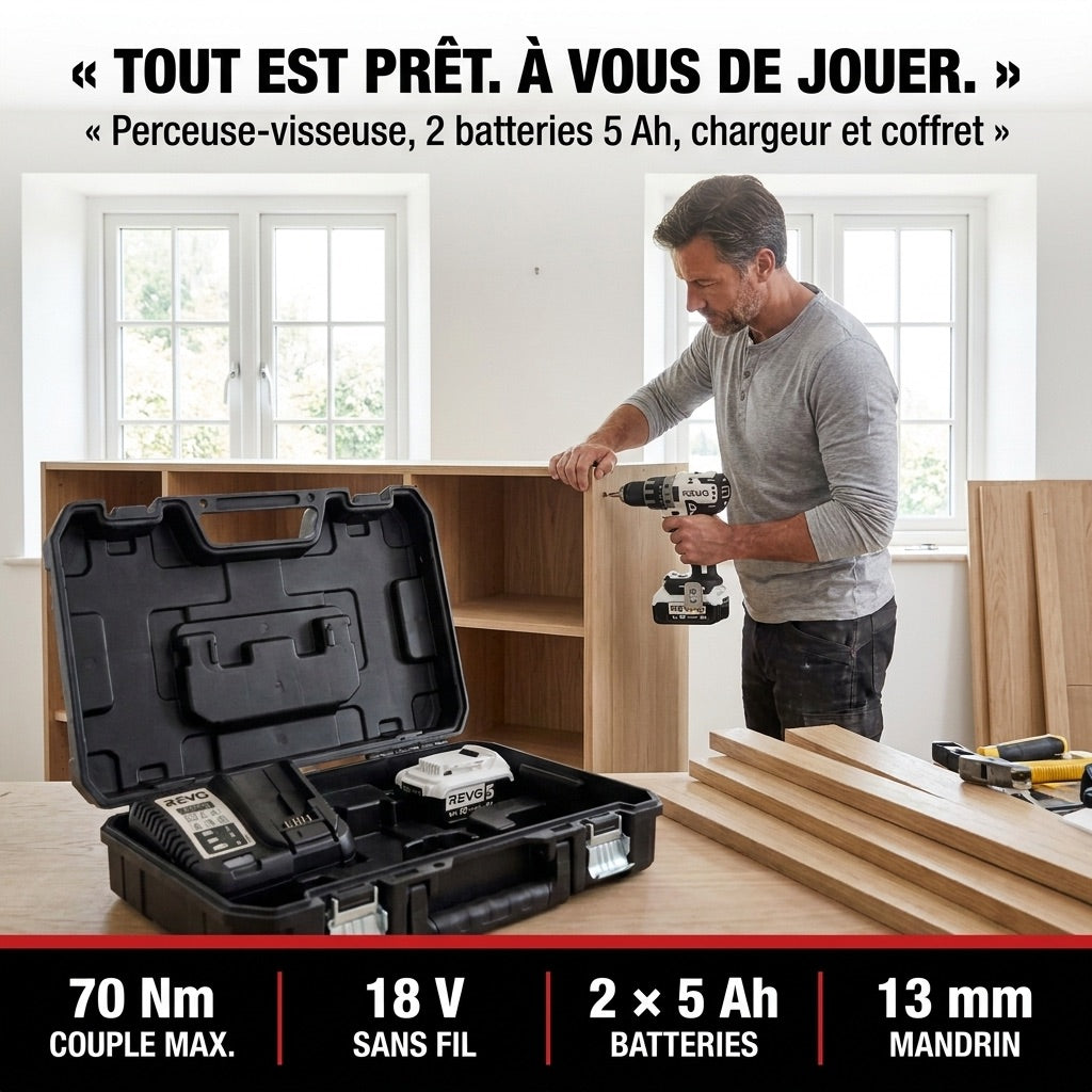 Cordless Drill Driver REVO Striker 70 – 18V – 70 Nm – 2 x 5Ah Batteries – Brushless – 13mm Chuck – Case Included