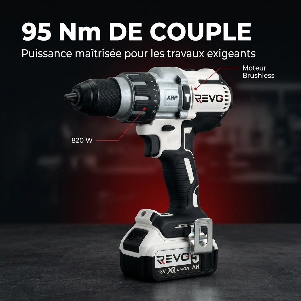 Perceuse-Visseuse à Percussion Sans Fil REVO Raptor 95 – 18 V – 95 Nm – 2 Batteries 5 Ah – Sans Balais – 3 Vitesses – Mandrin 13 mm – Coffret Inclus