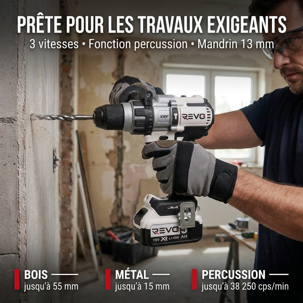 Perceuse-Visseuse à Percussion Sans Fil REVO Raptor 95 – 18 V – 95 Nm – 2 Batteries 5 Ah – Sans Balais – 3 Vitesses – Mandrin 13 mm – Coffret Inclus