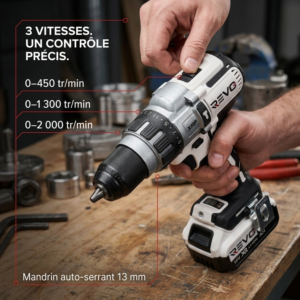 Perceuse-Visseuse à Percussion Sans Fil REVO Raptor 95 – 18 V – 95 Nm – 2 Batteries 5 Ah – Sans Balais – 3 Vitesses – Mandrin 13 mm – Coffret Inclus