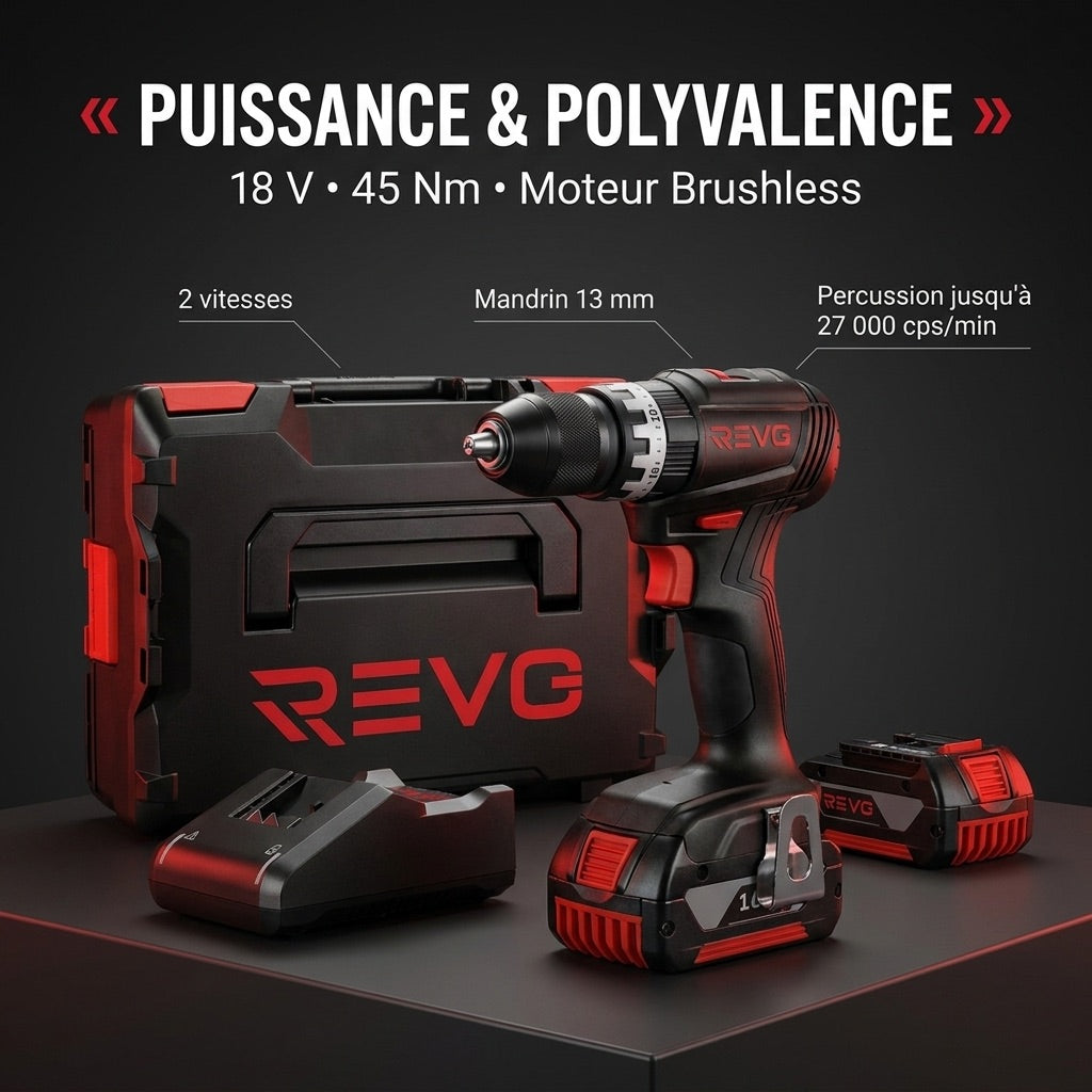 Perceuse-Visseuse à Percussion Sans Fil REVO Core 45 – 18 V – 45 Nm – Moteur sans balais – 2 Batteries 3,0 Ah – Mandrin 13 mm – Coffret Inclus