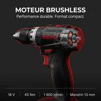 Perceuse-Visseuse à Percussion Sans Fil REVO Core 45 – 18 V – 45 Nm – Moteur sans balais – 2 Batteries 3,0 Ah – Mandrin 13 mm – Coffret Inclus