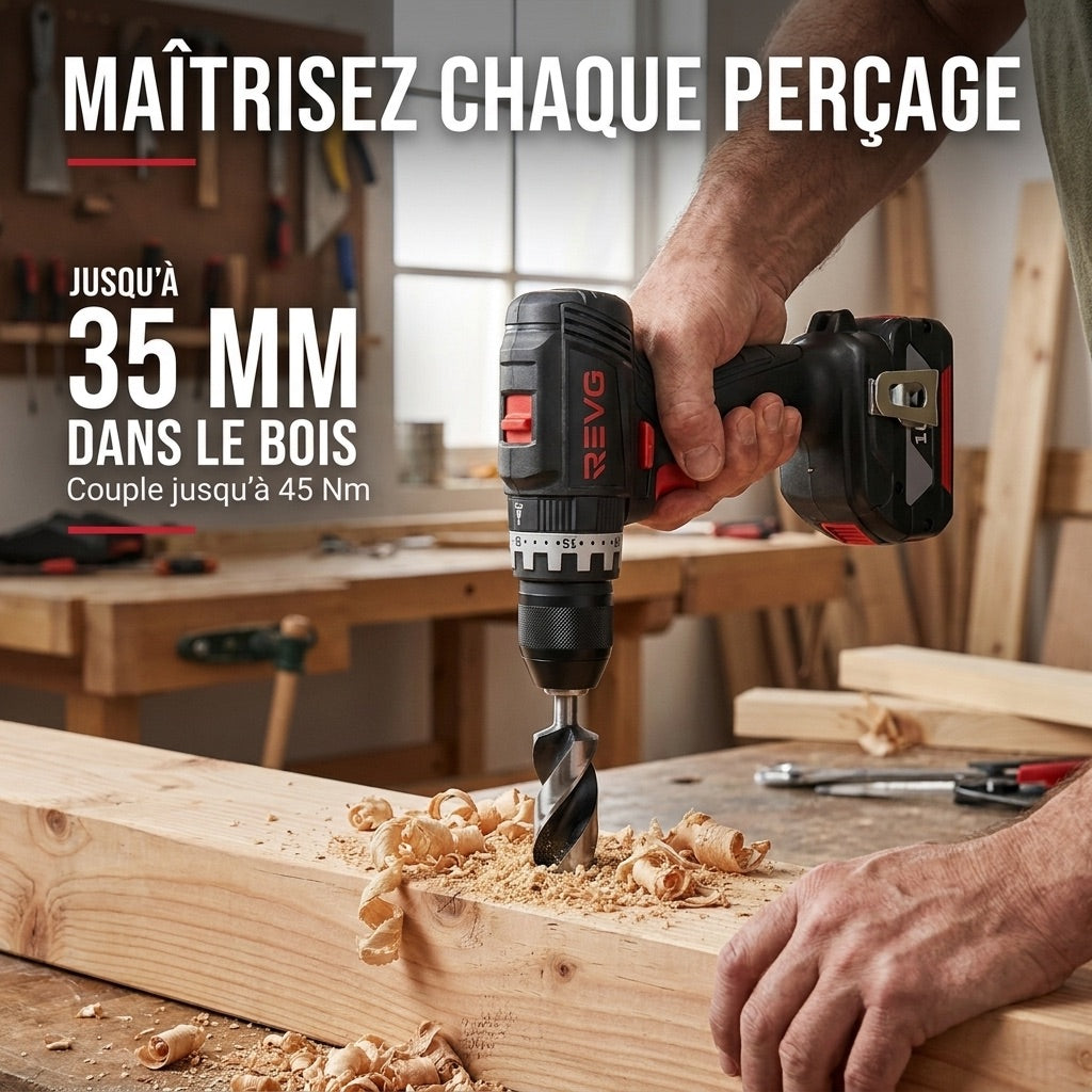 Perceuse-Visseuse à Percussion Sans Fil REVO Core 45 – 18 V – 45 Nm – Moteur sans balais – 2 Batteries 3,0 Ah – Mandrin 13 mm – Coffret Inclus