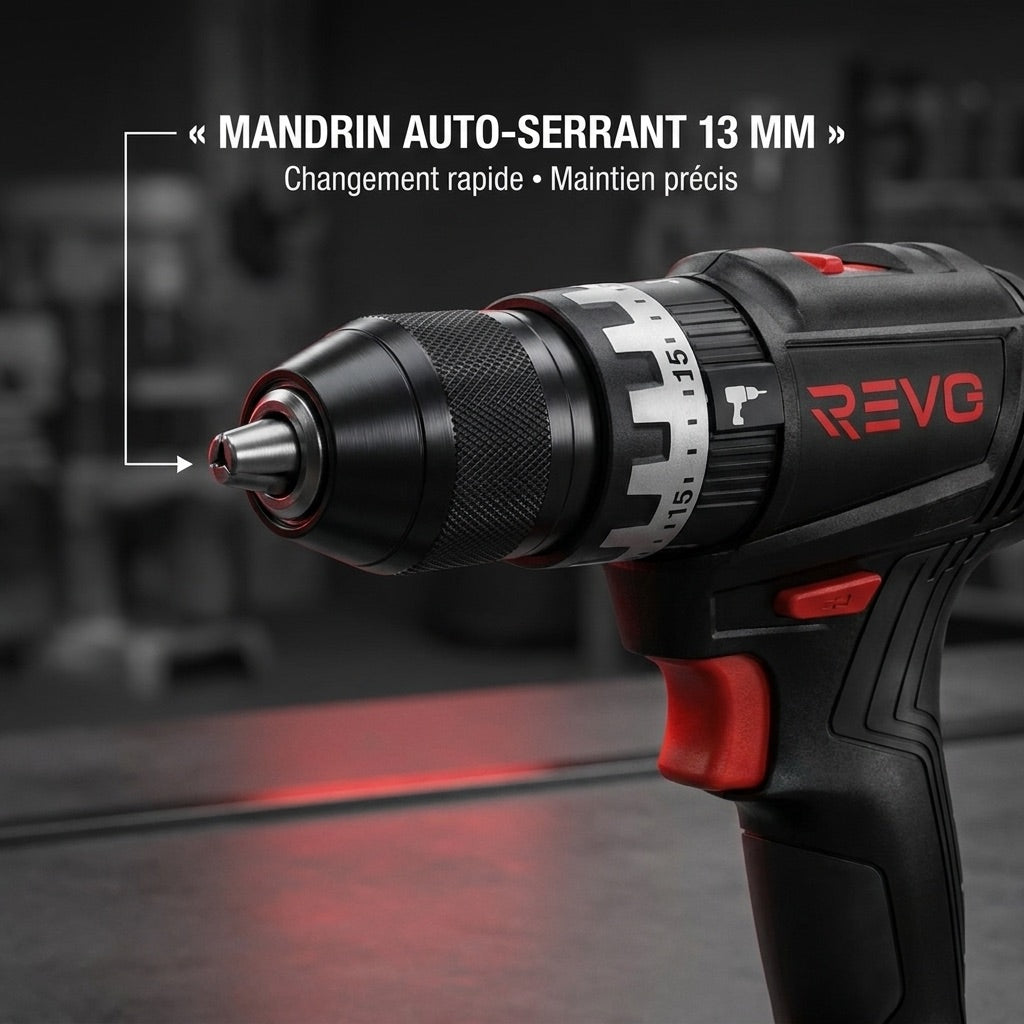 Perceuse-Visseuse à Percussion Sans Fil REVO Core 45 – 18 V – 45 Nm – Moteur sans balais – 2 Batteries 3,0 Ah – Mandrin 13 mm – Coffret Inclus