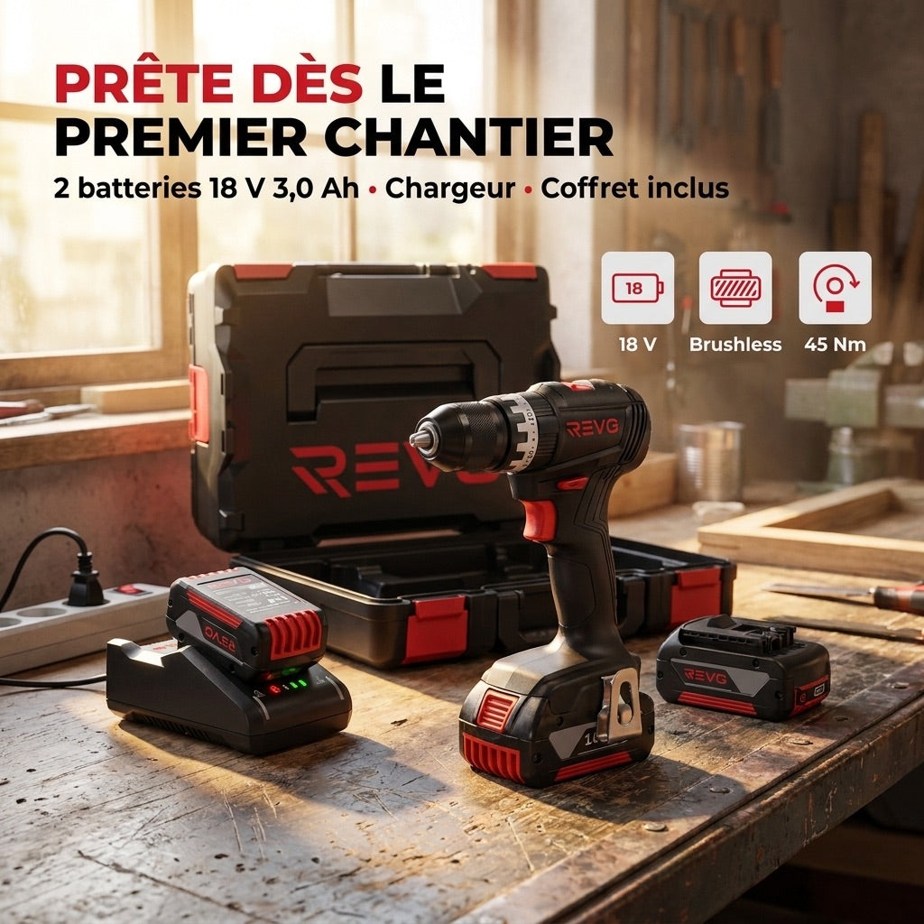 Perceuse-Visseuse à Percussion Sans Fil REVO Core 45 – 18 V – 45 Nm – Moteur sans balais – 2 Batteries 3,0 Ah – Mandrin 13 mm – Coffret Inclus