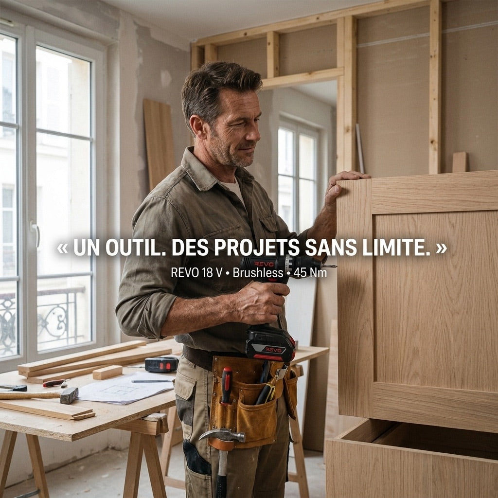 Perceuse-Visseuse à Percussion Sans Fil REVO Core 45 – 18 V – 45 Nm – Moteur sans balais – 2 Batteries 3,0 Ah – Mandrin 13 mm – Coffret Inclus
