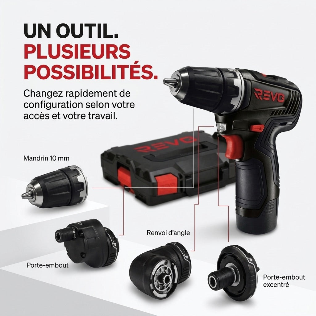 Perceuse-Visseuse Sans Fil REVO Pivot 35 – 12 V – 35 Nm – Brushless – 4 Accessoires Interchangeables – Mandrin 10 mm – Coffret Inclus