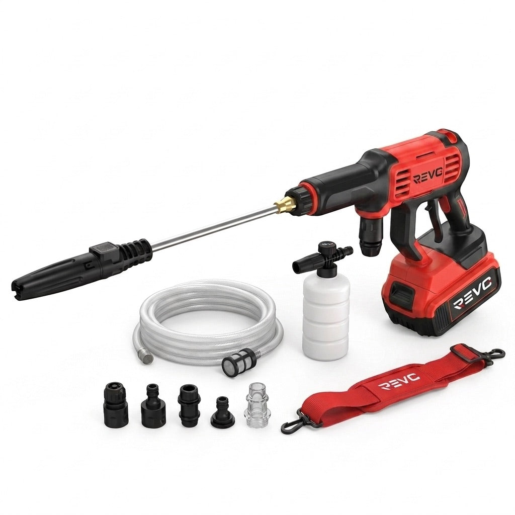 Cordless High-Pressure Washer REVO Jetra 24 – 24 Bar Pressure – Self-Priming – IPX5 – Accessories Included