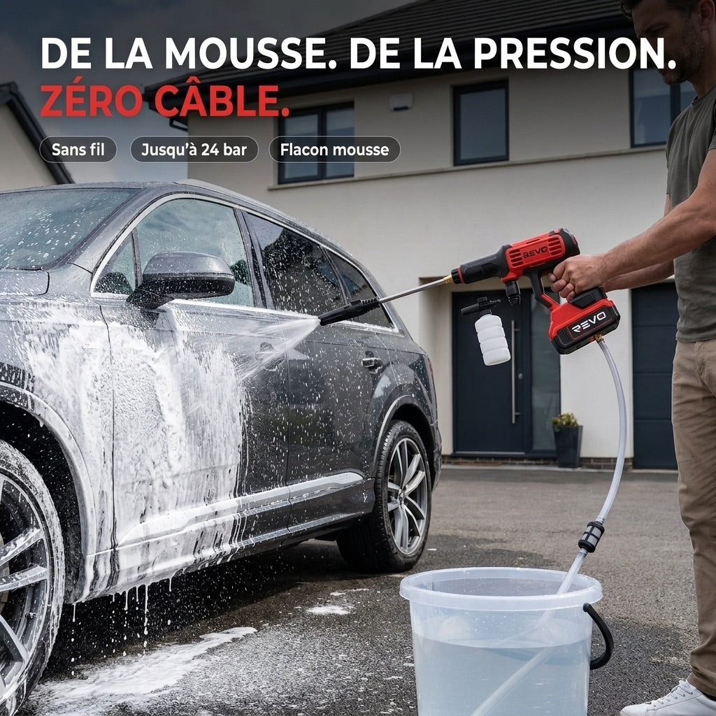 Cordless High-Pressure Washer REVO Jetra 24 – 24 Bar Pressure – Self-Priming – IPX5 – Accessories Included