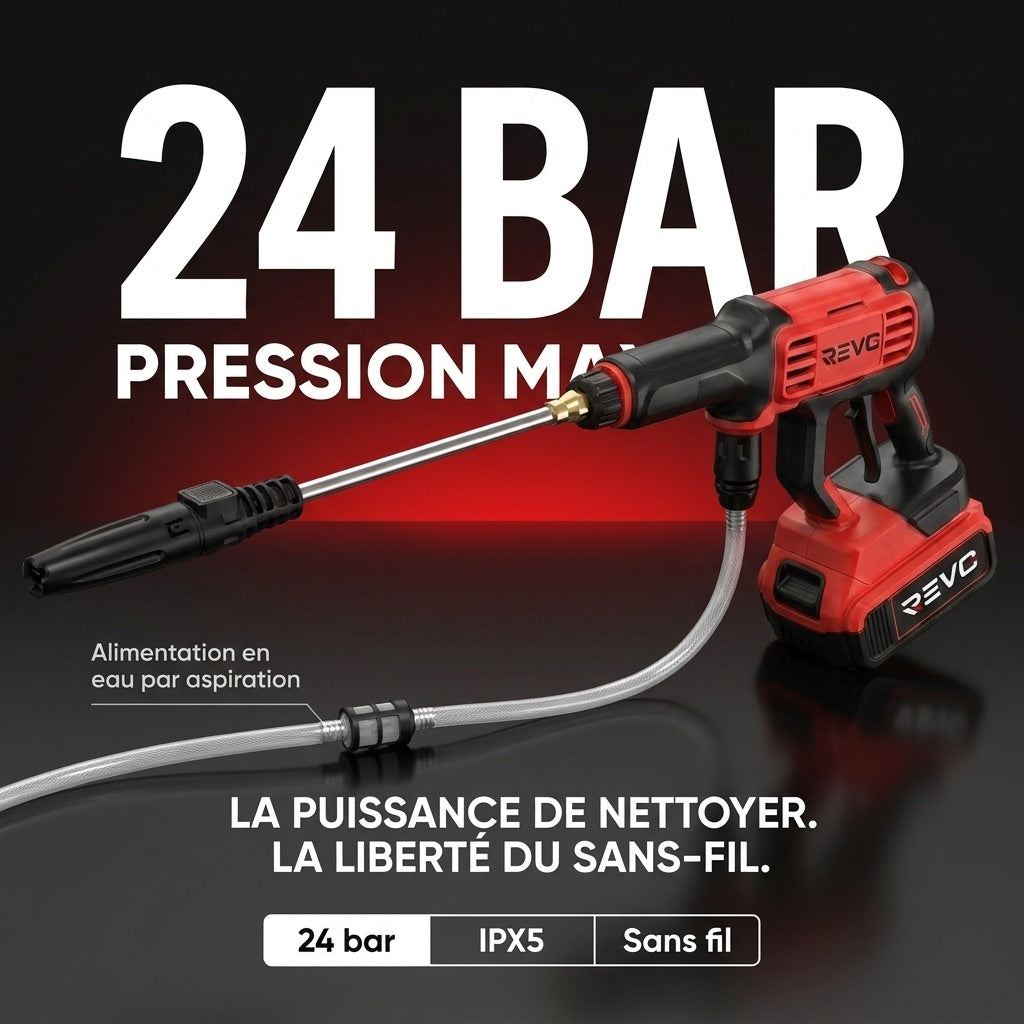 Cordless High-Pressure Washer REVO Jetra 24 – 24 Bar Pressure – Self-Priming – IPX5 – Accessories Included