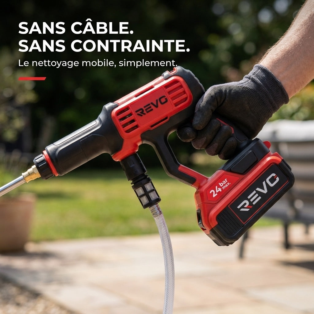 Cordless High-Pressure Washer REVO Jetra 24 – 24 Bar Pressure – Self-Priming – IPX5 – Accessories Included