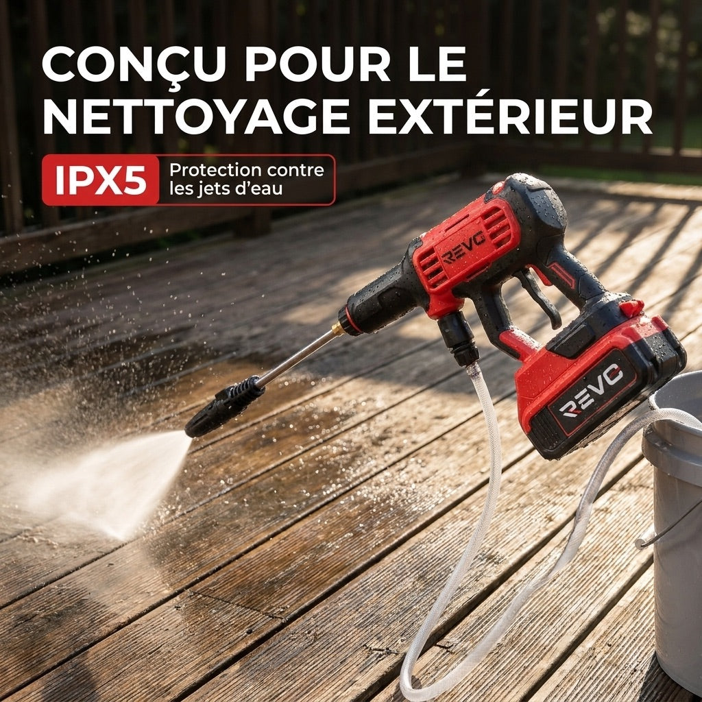 Cordless High-Pressure Washer REVO Jetra 24 – 24 Bar Pressure – Self-Priming – IPX5 – Accessories Included