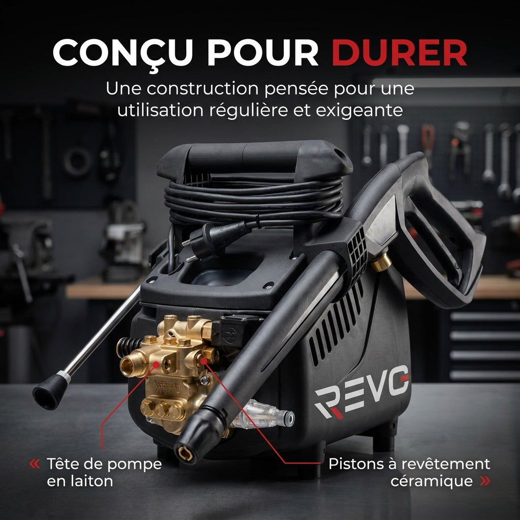 Nettoyeur Haute Pression REVO Atlas 130 – 2 200 W – 130 bars – 450 L/h – Pompe en laiton – Flexible 8 m