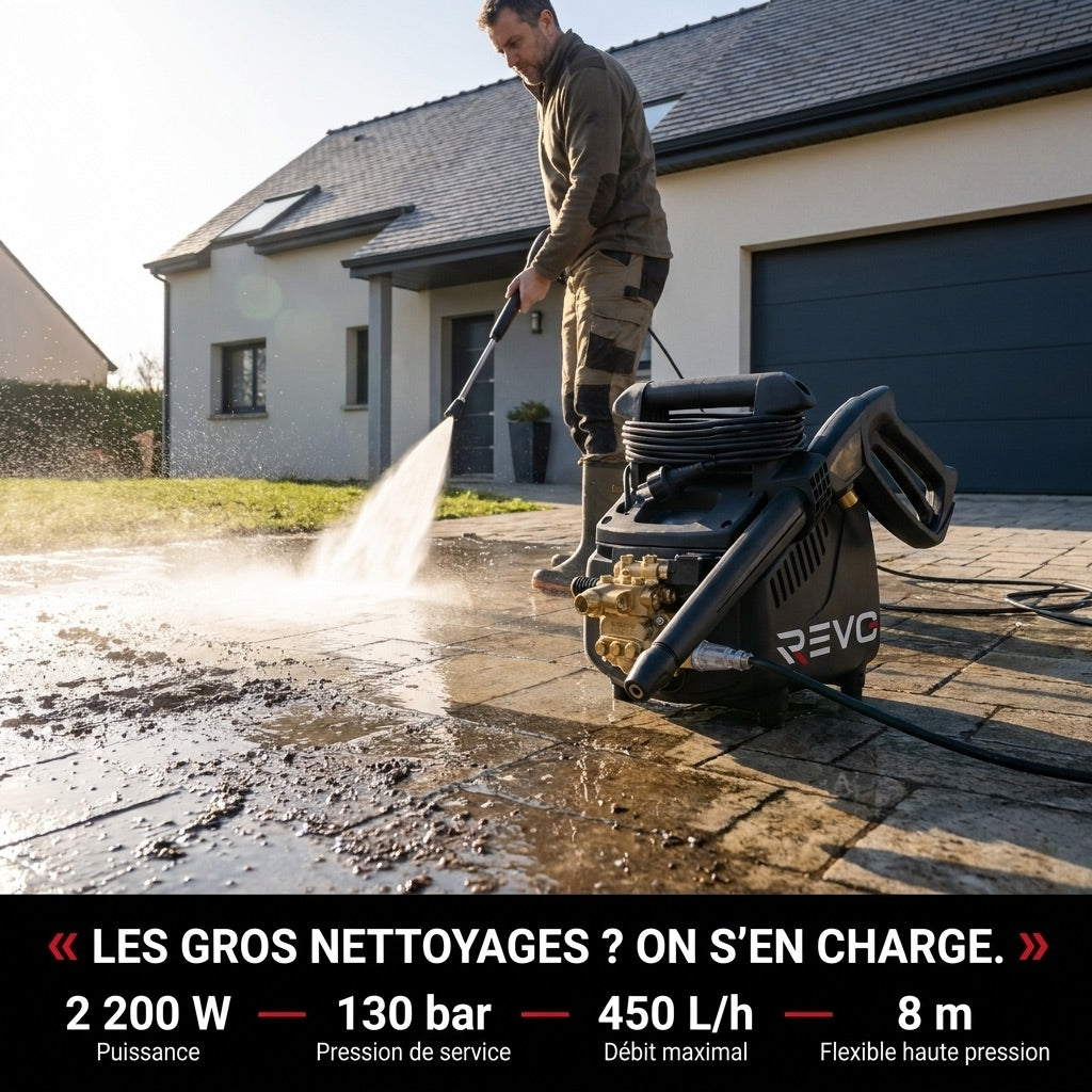 Nettoyeur Haute Pression REVO Atlas 130 – 2 200 W – 130 bars – 450 L/h – Pompe en laiton – Flexible 8 m