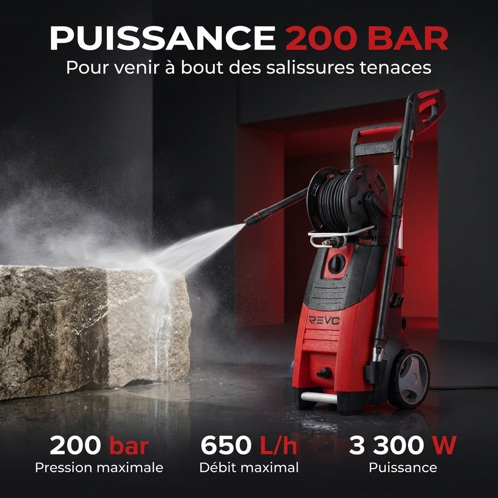 REVO Forge 200 Pressure Washer – 3,300 W – 200 Bar – 650 L/h – 15 m Hose with Reel