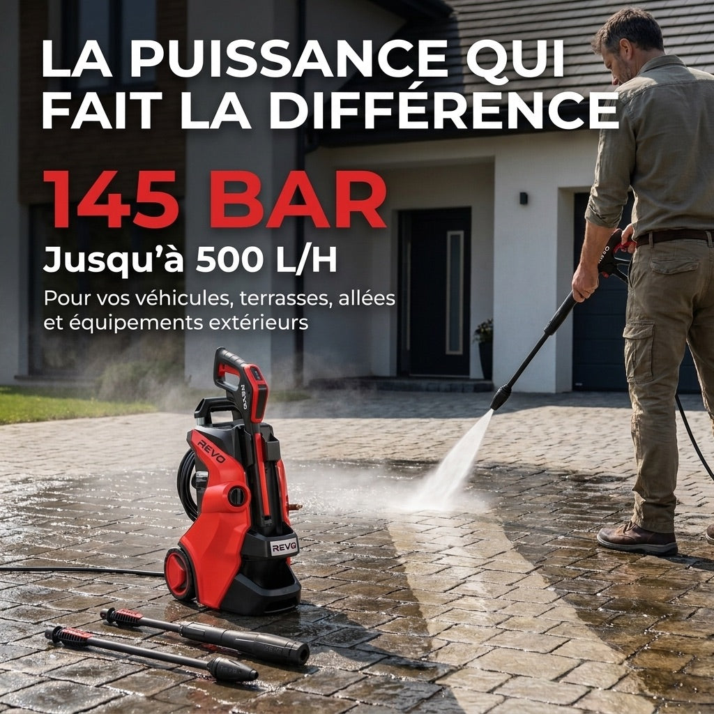 Nettoyeur Haute Pression REVO Vortex 145 – 145 bars – 500 L/h – 40 m²/h – Tuyau 10 m et Contrôle de Pression